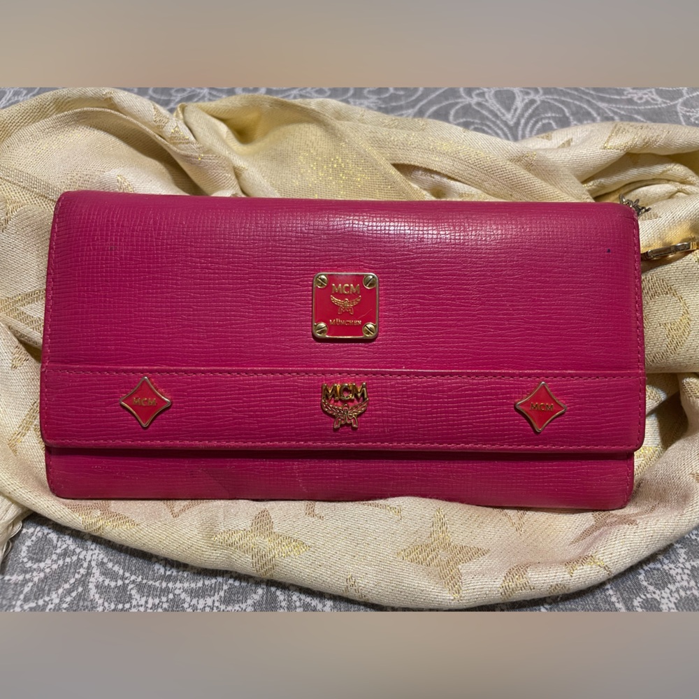 MCM Fuchsia Leather Clutch with Gold Accents